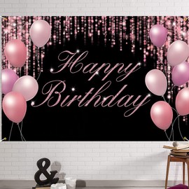 Happy Birthday Backdrop Banner,1 pcs Pink Happy Birthday Banner Decoration Photography Background Bunting Birthday Photo Booth Banners,for Indoor Outdoor Party Supplies Boys Girls(180*110cm)
