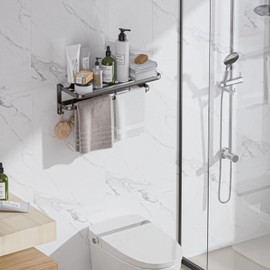 Qoolfoto Towel Racks for Bathroom, 24inch Foldable Towel Holder with Double Towel Bars, Rustproof Towel Organizer Towel Hanger, Wall Mounted Bath Towel Shelf with 7 Hooks for Bathroom, Lavatory - Grey