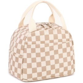 Insulated Lunch Bags for Women Fashionable Reusable Lunch Tote Cooler Bag Handbag for Women (Beige Checkered)