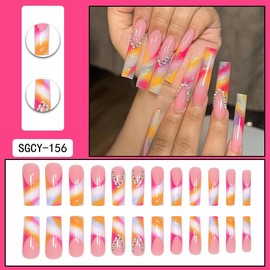 French Tip Press On Nails Fake Nails Long Square Coffin with Nude Yellow Pink Gradient 3D Pearls Designs Glossy Acrylic False Nails Glue on Nails Full Cover Thick Stick on Nails for Women Girls 24Pcs SGCY-156