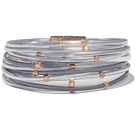 FANCY SHINY Beaded Leather Wrap Bracelets Cute Boho Stackable Bangle Cuff with Magnetic Clasp Layered Trendy Jewelry for Women(Silver)