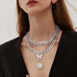 MJartoria Gold Layered Necklaces for Women Trendy Retro Coin Pendant Necklace Dainty Chunky Chain Choker Necklaces for Jewelry Birthday Gifts (Silver, A-X-Butterfly-5 in 1 Layered)