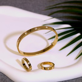 KARCCI Gold Bracelets Gold Rings Stainless Steel Bracelet Cubic Zirconia Rings Hinge Oval Bangle Gold Plated Rings for Women Friendship Ring Jewelry Set Gifts Trendy for Women