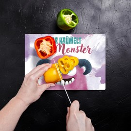 Cute Monster in Pink Glass Chopping Board with Saying "Hier krümelt ein Monster ein Monster" [German Language] [German Language]