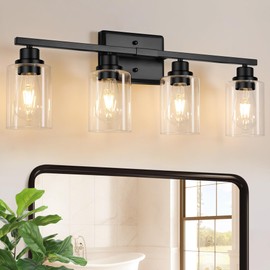 Unicozin Modern Bathroom Light Fixtures, 4 Light Vanity Lights over Mirror, Black Wall Lamp with Clear Glass for Living Room Cabinet Bedroom Porch