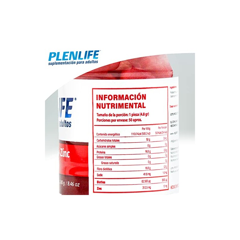 PLENLIFE Gomitas biotina y zinc sin azúcar sabor frutos rojos,