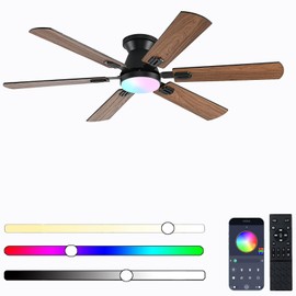 KNUN 56 inch Ceiling Fans with Lights, Brown Flush Mount Ceiling fan with Light and Remote/APP Control, 3CCT, RGB, Dimmable, Noiseless, Low Profile Ceiling Fan for Bedroom, Patio, Indoor/Outdoor Use