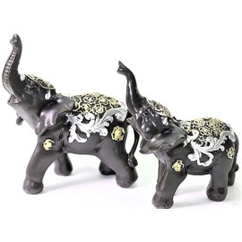 Set of 2 Feng Shui Black Elephants Trunk Statue Lucky Figurine Gift Home Decor