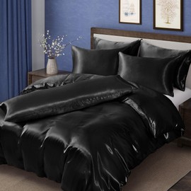 MILVOWOC 6 Pcs Black Satin Duvet Cover King Size Set, Silky Bed Duvet Cover Ultra Soft Comforter Cover, 1 Satin Duvet Cover, 1 Body Pillowcase, 4 Pillow Cases (No Comforter)