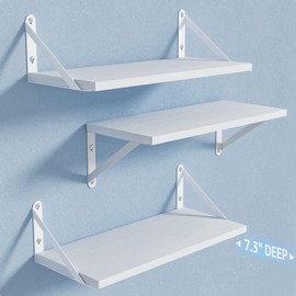 COCOYA Wall Shelves 7.3" Deep Set of 3, Solid Paulownia Wood Wider Longer Sturdy Easy to Install Wall Mounted Bookshelves Storage Shelves Bathroom Storage Office Laundry Room Bedroom Organizer White