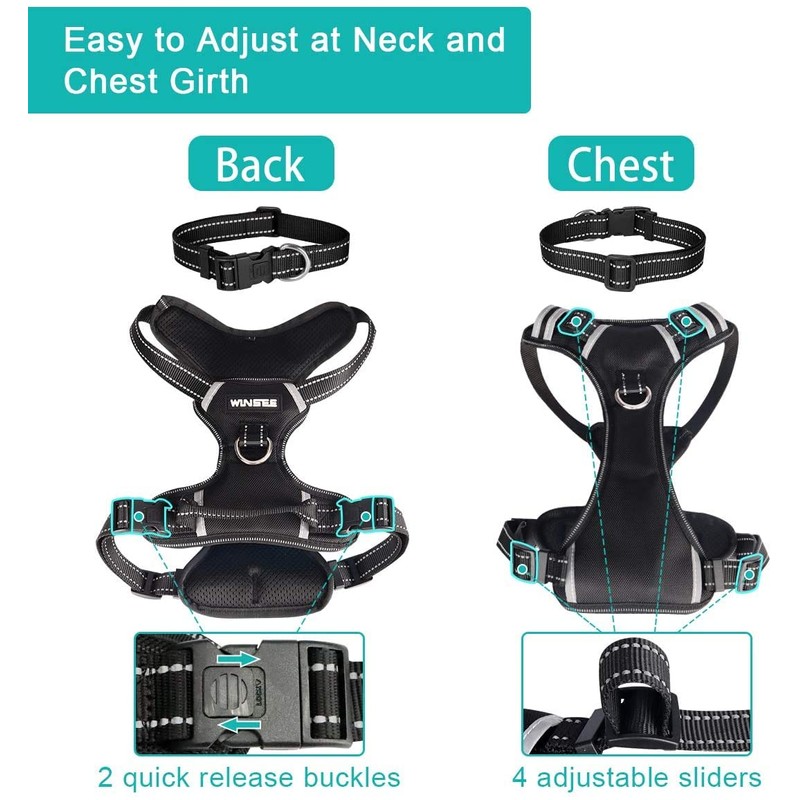 WINSEE Dog/Pet Harnesses No Pull with Dog Collar, Adjustable Reflective