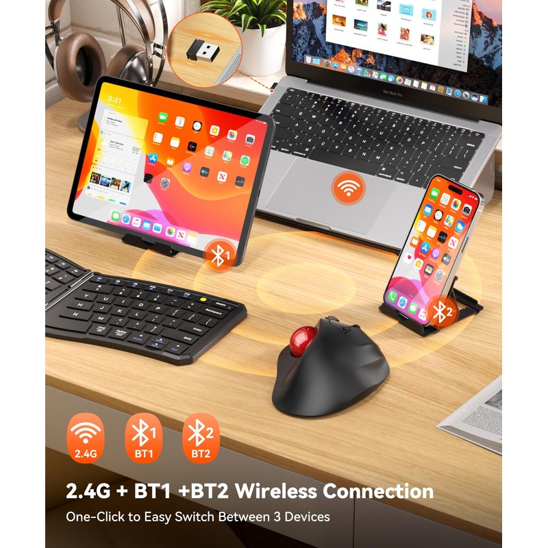 Omikamo Ergonomic Wireless Trackball Mouse, Bluetooth & 2.4G, Red