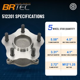 BRTEC 512201 Rear Wheel Hub Bearing Assembly for Nissan Altima 2002-2006/Maxima 2004-2008/Quest 2004-2009 5 Lugs w/ABS