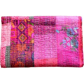 GDONLINE Indian Handmade Quilt Indian Silk Sari Kantha Quilted Patchwork, Silk Kantha Blanket Throw, Boho Vintage Bedspreads, (Pink, Baby 40" x 60")