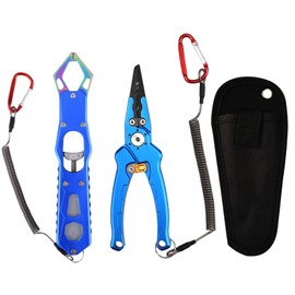 Fishing Pliers Saltwater, Split Ring Pliers Hook Remover with Safety Lock, Fishing Tools with Sheath and Lanyard, Fishing Gifts for Men (Blue)