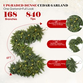 6FT Pre-lit Thick Christmas Garland with 168 Cedar Branches, Green Cedar Garland for Christmas Decorations with Lights, Artificial Greenery Garlands for Table Mantle Wall Indoor Outdoor Holiday Decor