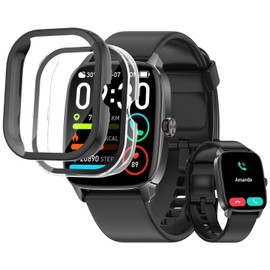 (2 Pack) For Rbbog/STNHADO Smartwatch 1.85" PC + Tempered Glass Film Integrated Case [LAZIRO] Drop Prevention, Shock Absorption, Waterproof, Dustproof, Scratch Proof, Easy Removal, HD High Transmittance, Full Protection, 1.85" Smart Watch Cover (Black + 