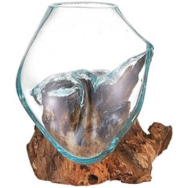 Cohasset Molten Glass | #650-15A | Molten Glass & Wood Sculpture | Terrarium | Fairy Garden | Approximately 6" Wide | Natural Wood and Recycled Glass |