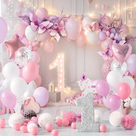 LIGHTINHOME Girl 1st Birthday Backdrop 8Wx6H Feet for Purple Pink Princess Balloons Lights Butterfly First Bday Photography Background Decorations Photo Booth Studio Prop Fabric