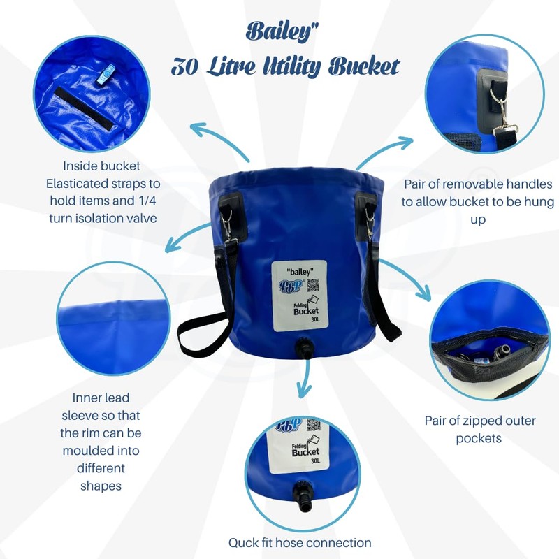 PBP "Bailey" Folding Utility Bucket, 30L Capacity, with Quick Hose