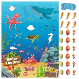 Under The Sea Party Decorations Funny Beach Pin Games for 24 Players Ocean Theme Poster with 24 Stickers and 1 Blindfold Summer Birthday Decor
