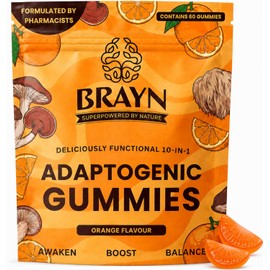Brayn Adaptogenic Mushroom Gummies 60 Count, Fruiting Body Lion’s Mane, Reishi, Cordyceps & Chaga Complex, Functional 10 in 1 Vegan Supplement for Daily Energy, Calm Focus & Balance, Orange Flavour