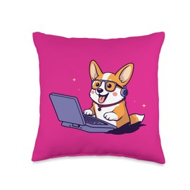 Cute Corgi on Computer Throw Pillow