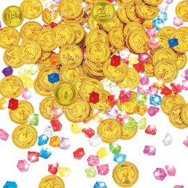 Catelves Gold Coins Pirate Treasure Set 300 Pieces, 100 Pirate Gold Coins and 200 Gemstones for Children, Gold Taler Pirate Treasure, Gold Coins Children, for Treasure Chest Children's Birthday
