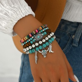 Western Bracelets for Women Stackable Country Concert Outfits for Women Beaded Stretch Bracelets with Hat and Boots Charms Boho Summer Beach Jewelry Accessories 2025