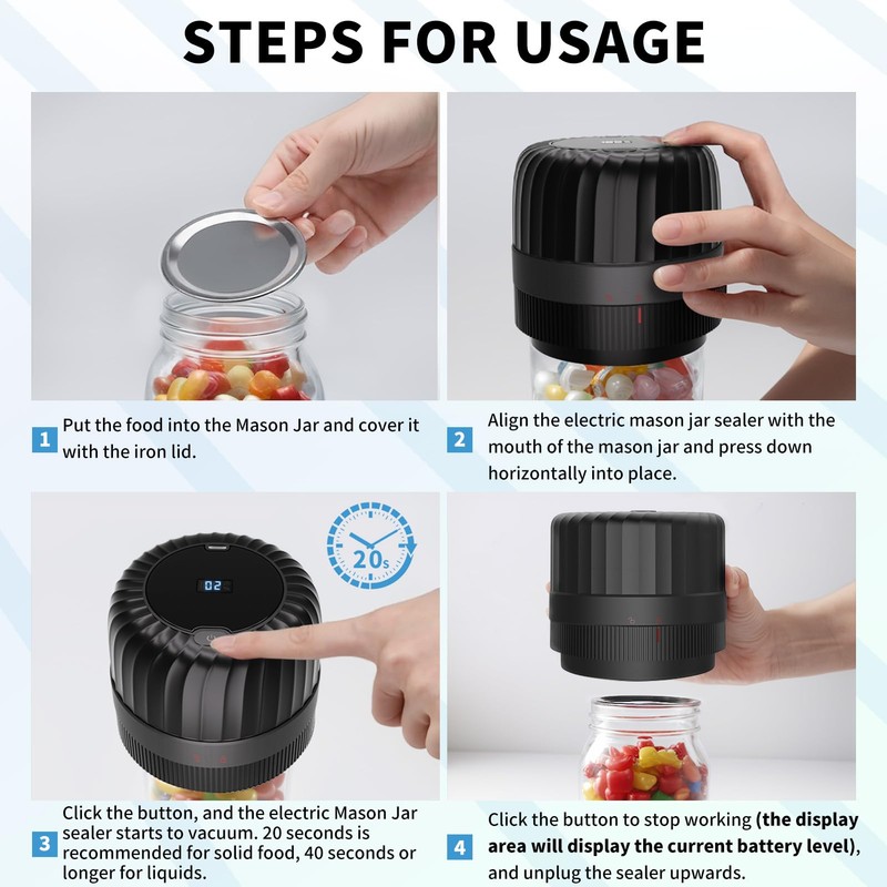 Electric Mason Jar Vacuum Sealer Kit for Wide-Mouth & Regular-Mouth