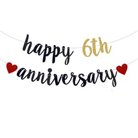 Happy 6th Anniversary Banner,6th Wedding Anniversary Party Bunting Decoration,6th Birthday, 6th Anniversary Party Garlands.（Black & Gold) Already threaded.