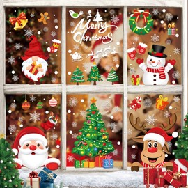 Christmas Window Clings 245pcs Christmas Decals Reusable Double Sided Printed Self Adhesive Window Decorations Santa Claus, Moose, Snowman,Socks,Dwarfs,Xmas Tree and Snowflakes Window Clings, 9 Sheet
