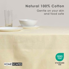 HOMESCAPES Cotton Tablecloth 6 to 8 seater Large Rectangular 137 x 228 cm (54 x 90 Inches) Washable Hand Woven 100% Plain Cotton with Decorative Ladder Stitch Edge, Pale Yellow