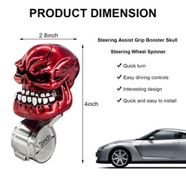 Wevdn Skull Steering Wheel Spinner Knob, Skull Turning Steering Wheel Assist Grip Handle with Hex Wrench, Skull Suicide Driving Booster Steering Wheel Spinner, Car Accessories (Red)
