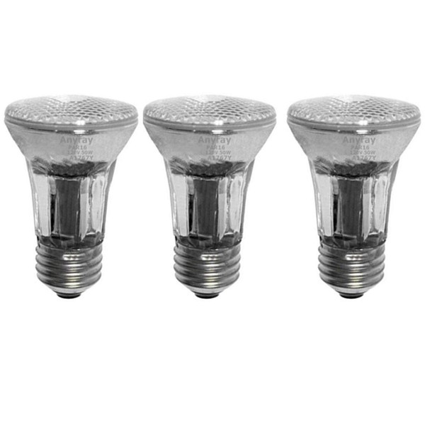 Anyray A1767Y (3-Bulbs) 50-Watts PAR16 Narrow Flood Halogen Light Bulb 130V Medium Screw E26 50W 120V Dimmable