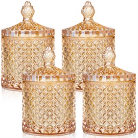 Aoriher 4 Pcs Crystal Glass Candy Jar Set with Lids Home Decorative Storage Jars for Apothecary, Bathroom, Kitchen, and Pantry, Ideal for Cotton Swabs and Jewelry(Large,Amber)