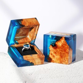 GOGOJSM Wedding Ring Box, Blue Engagement Ring Box with Single Slot for Proposal Wedding Ceremony, Handcrafted, Made of Wood and Resin