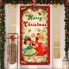 Vintage Christmas Door Cover Christmas Decorations - Red and Green Merry Christmas Banner Backdrop Front Door Porch Sign Background Hanging Decorations for Xmas New Year Indoor Outdoor Christmas Party Supplies