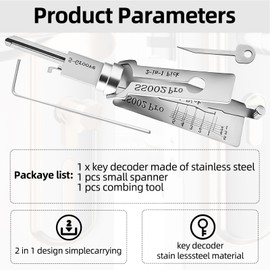 Key Decoder, Stainless Steel Key Decoder with Small Wrench and Comb Tool, Multi-Purpose Maintenance, 2-in-1 Locksmith Tool for Car (Ss002)
