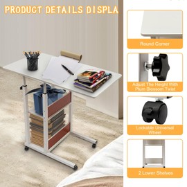 GXFCHYL C-Shaped Side Table, Height Adjustable C Table with Wheels and 3-Tier Design Storage Shelves for Couch Bed Recliner (White)