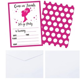 20 Pcs Pink Girl Theme Birthday Invitation Cards, Let's Go Party Pink Doll Birthday Party Supplies, Princess Birthday Invitations with Envelopes and Sticker for Girls(R)