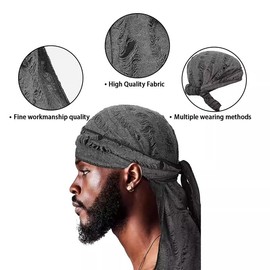 Sports Cycling Bandana Cap Ripped Cotton Skull Pirate Hat for Men Breathable Cooling Headwear Long Tail Vintage Head Wrap Bandana Durags (UK, Alpha, One Size, Dark Gray)