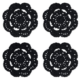 Phantomon Lace Round Crochet Doilies Handmade Coasters, 4-Inch, Pack of 4 (Black)
