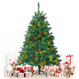 Fencer Wire 4.5 Feet Premium Full Artificial Pre-lit Christmas Tree w/ 398 Branch Tips Pre-Hinged & Foldable Stand, 200 LED Lights, Holiday Fake Xmas Tree w/Pinecones, Berries for Indoor Decoration