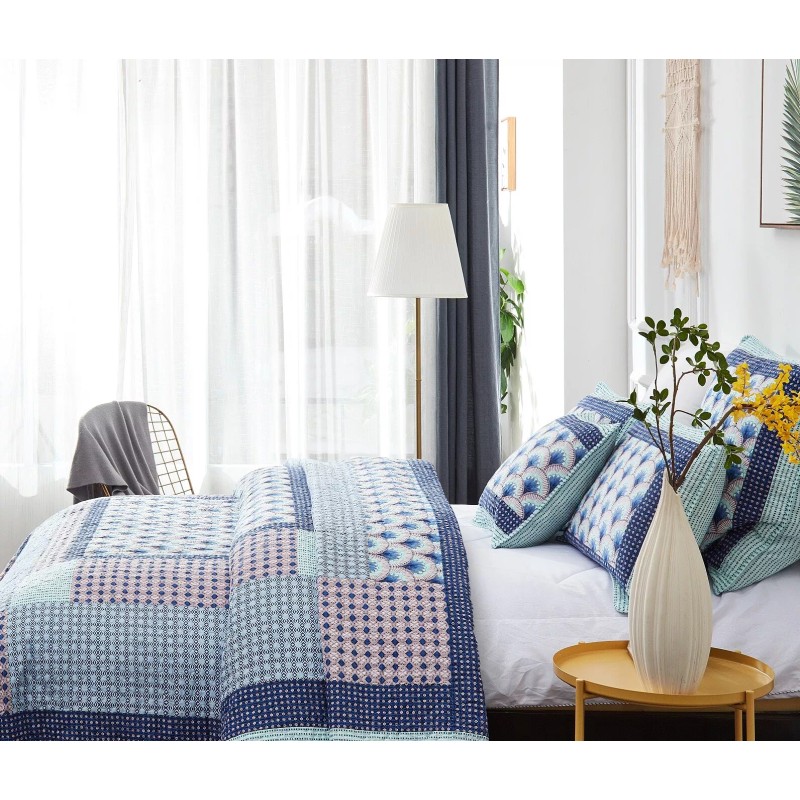 DaDa Bedding Mediterranean Fans Nautical Minty Blue Patchwork Bedspread Set