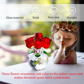 H&D HYALINE & DORA 3.3IN Crystal Red Rose Figurine Ornament,Rose Flower Gifts for Wife Mom Girlfriend,Crystal Rose Bouquet Figurine,Glass Flowers with Crystal Stand