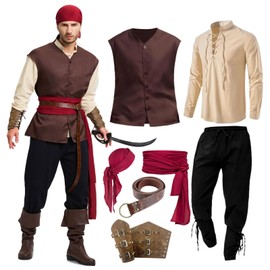 UFLJPKS 7PCS Mens Pirate Costume Renaissance Costume Outfit Medieval Costume Viking Pirate Accessories Vest Shirts Pants Belt Khaki