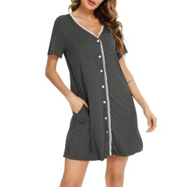 Vlazom Women's Nightdress Button Down Nightshirts Lace Trim Nighties Soft Nightgown Sleepwear with Pockets, Charcoal, M