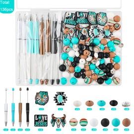 Kovict 136Pcs Mix Turquoise Silicone Beads for Keychain Making, 10mm Rondelle and 12mm 15mm Silicone Beads for Pens