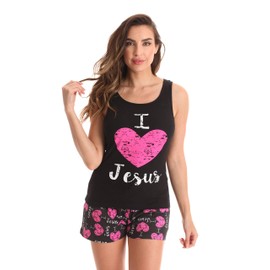 Just Love 100% Cotton Women Sleepwear Tank & Short Pajama Sets, Black - I Love Jesus, Medium